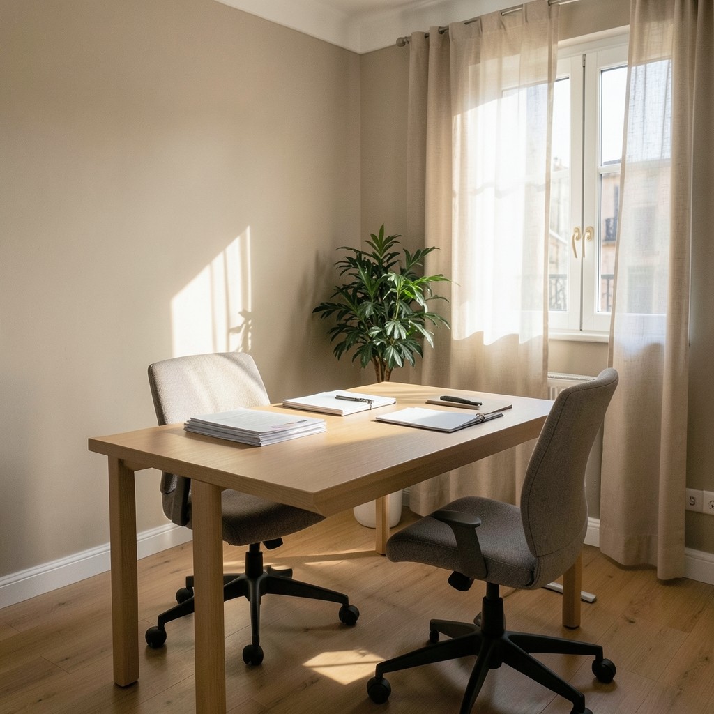 Espacio de consulta laboral en Barcelona con mesa de trabajo y carpetas